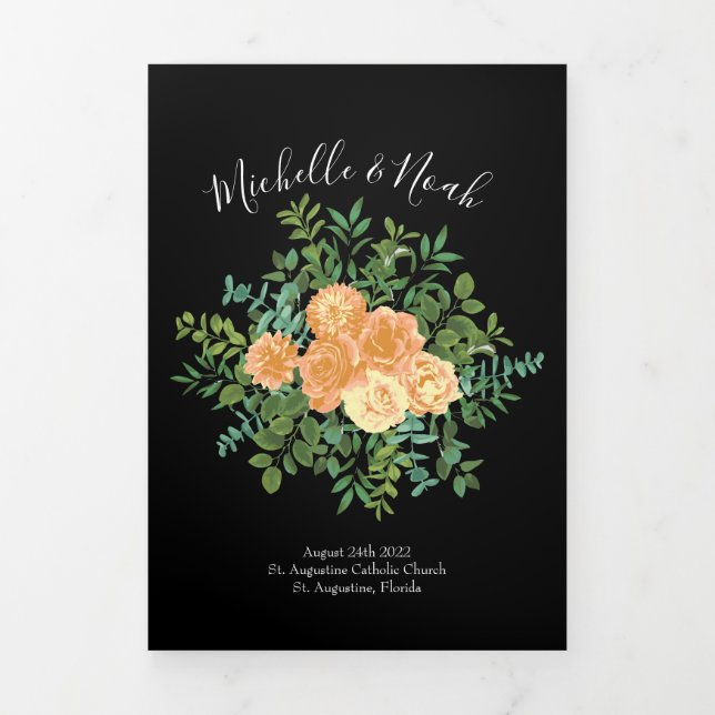 Peach Black Peony Rose Wedding Programs Tri-Fold Programme (Cover)