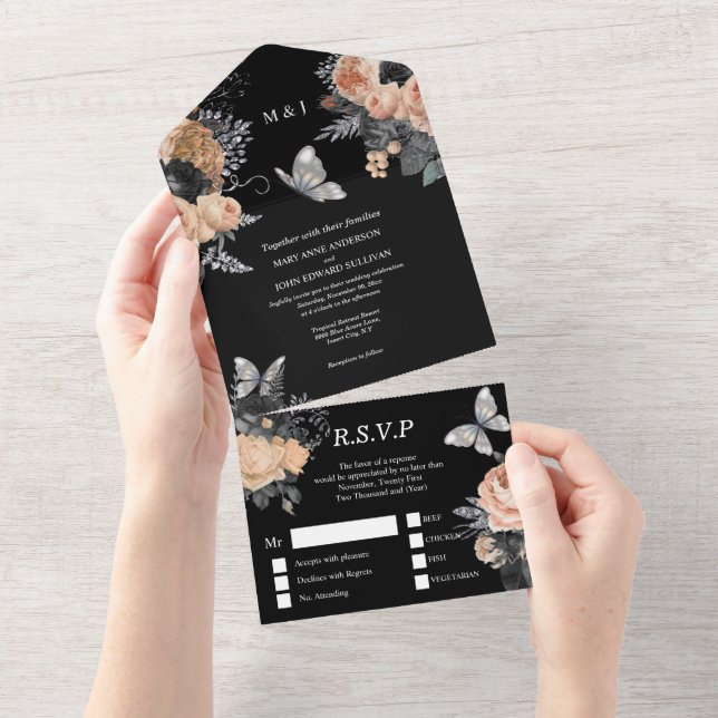 Peach black silver fall butterfly rose floral chic all in one invitation (Tearaway)