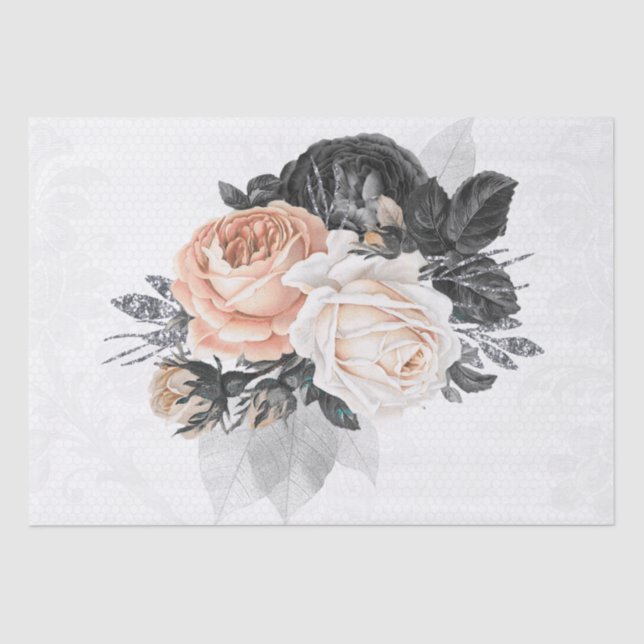Peach-Black Silver Floral Lace Bouquet Decoupage Tissue Paper (Front)