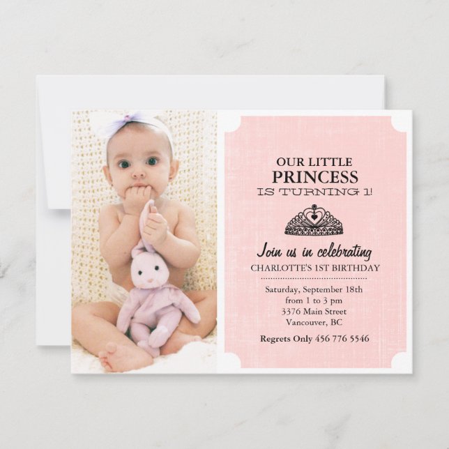 Peach & Black Tiara Photo First Birthday Invite (Front)