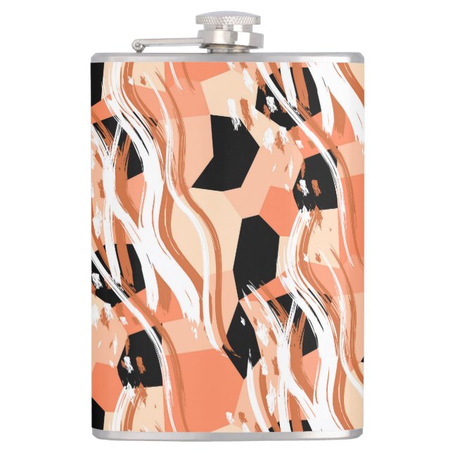 Peach Black White Abstract Pattern. Hip Flask (Front)