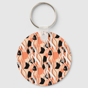 Peach Black White Abstract Pattern. Key Ring