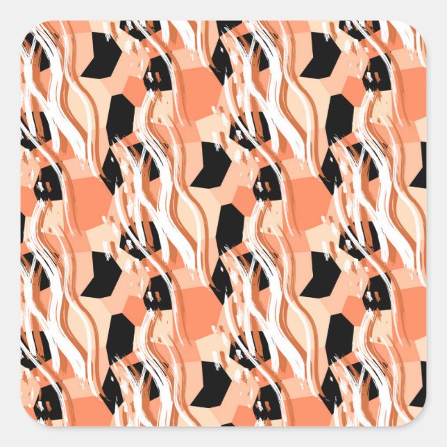 Peach Black White Abstract Pattern. Square Sticker (Front)