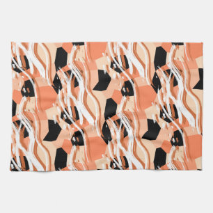 Peach Black White Abstract Pattern. Tea Towel