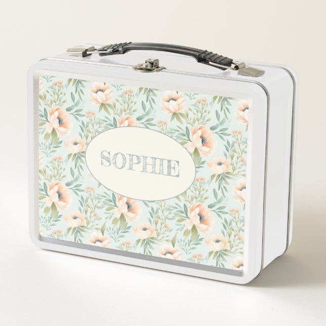 Peach Blooming Floral Personalised Lunch Box (Front)