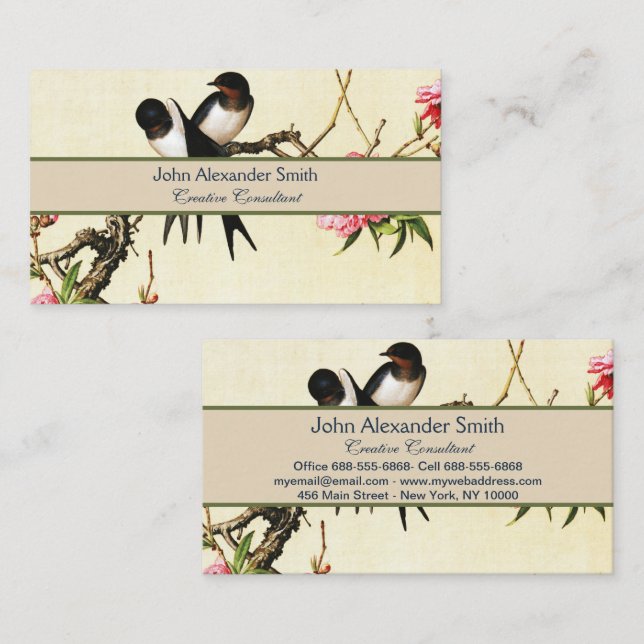 Peach Blossom & Birds Chinese Fine Art Business Card (Front/Back)