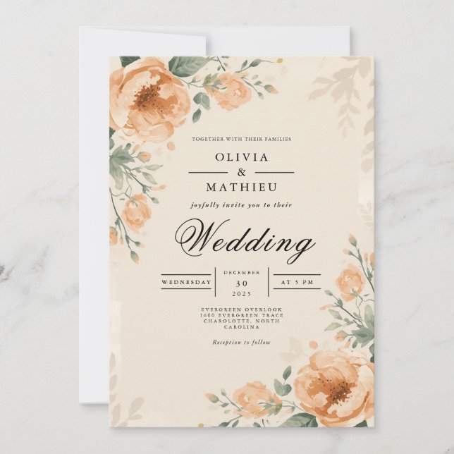 Peach Blossom Botanical Elegance Wedding Invitation (Front)