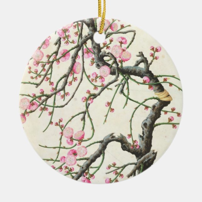 Peach blossom (colour on paper) ceramic tree decoration (Front)