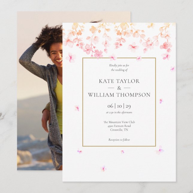 Peach Blossom Floral Photo Wedding Invitation (Front/Back)