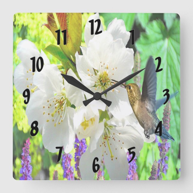 Peach Blossom Hummingbird Square Wall Clock (Front)