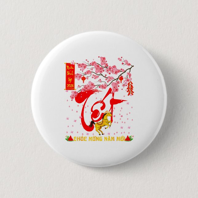 Peach Blossom Vietnamese Lunar New Year Horse 2026 6 Cm Round Badge (Front)
