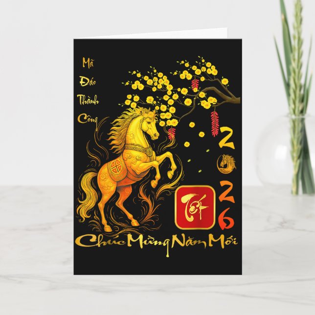 Peach Blossom Vietnamese Lunar New Year Horse 2026 Card (Front)
