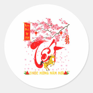 Peach Blossom Vietnamese Lunar New Year Horse 2026 Classic Round Sticker