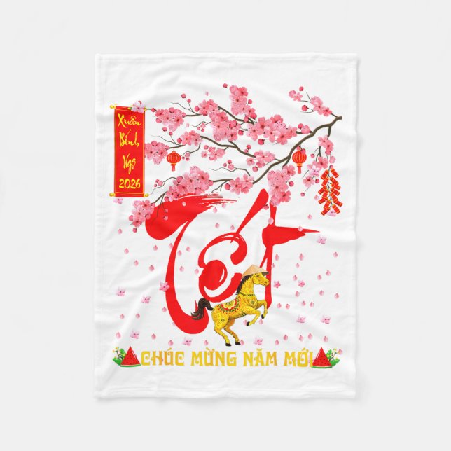 Peach Blossom Vietnamese Lunar New Year Horse 2026 Fleece Blanket (Front)