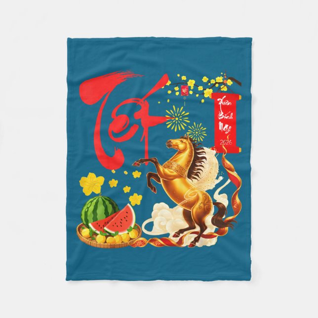 Peach Blossom Vietnamese Lunar New Year Horse 2026 Fleece Blanket (Front)