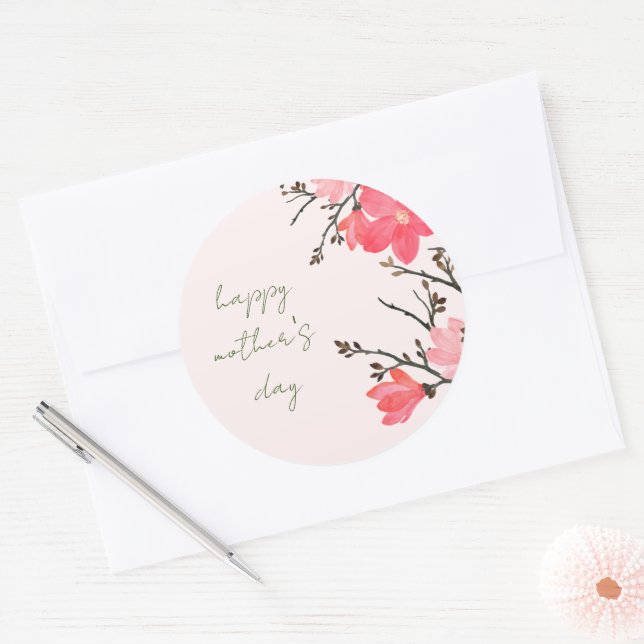Peach Blossom Watercolor Mother' Day Round Sticker (Envelope)