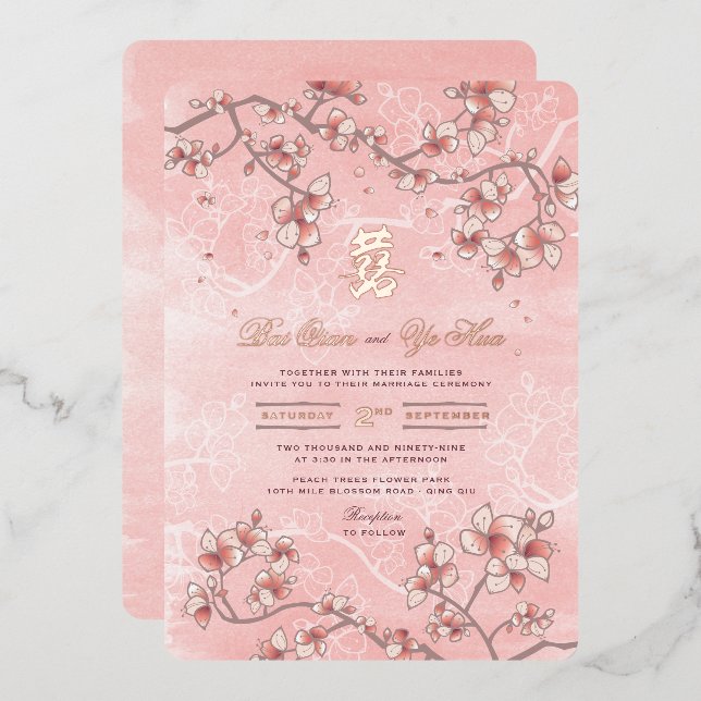 Peach Blossoms Double Happiness Chinese Wedding (Front/Back)