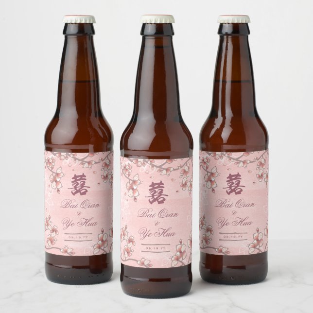 Peach Blossoms Double Happiness Chinese Wedding Beer Bottle Label (Bottles)