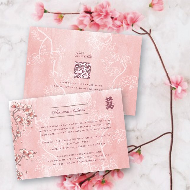 Peach Blossoms Double Happiness Chinese Wedding Enclosure Card (Pink Peach/Plum Blossoms Double Happiness Elegant Chinese Wedding Enclosure Card @ fatfatin_red_knot)