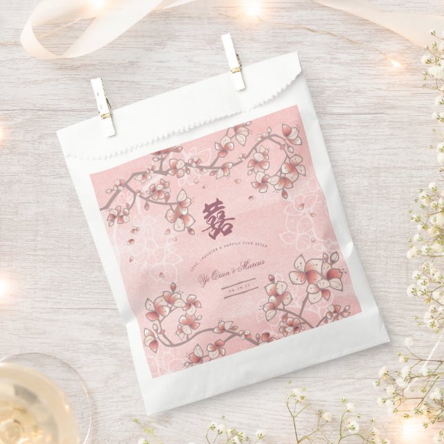 Peach Blossoms Double Happiness Chinese Wedding Favour Bags (Clipped)