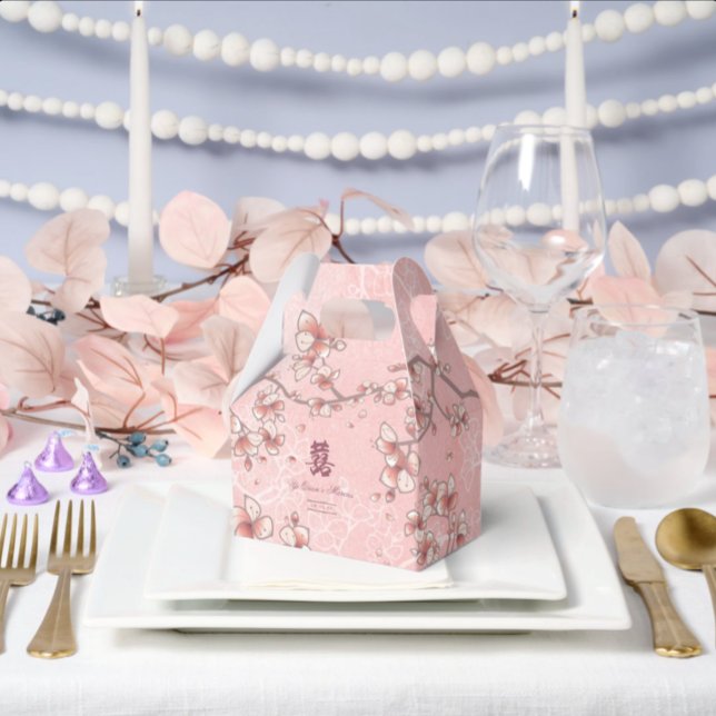 Peach Blossoms Double Happiness Chinese Wedding Favour Box (Pink Peach Blossoms Double Happiness Elegant Chinese Wedding Favor Boxes @ fatfatin_red_knot)