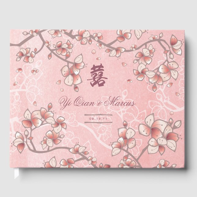 Peach Blossoms Double Happiness Chinese Wedding Guest Book (Front)