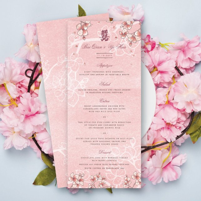 Peach Blossoms Double Happiness Chinese Wedding Menu (Pink Peach/Plum Blossoms Double Happiness Elegant Chinese Wedding Menu Card @ fatfatin_red_knot)