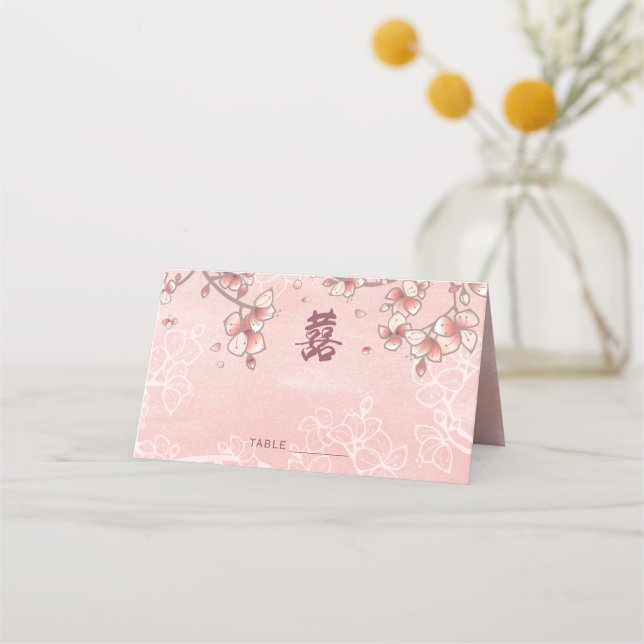 Peach Blossoms Double Happiness Chinese Wedding Place Card (Front)