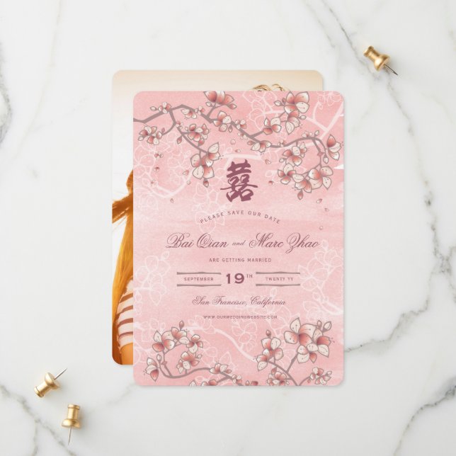 Peach Blossoms Double Happiness Chinese Wedding Save The Date (Front/Back In Situ)