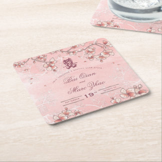 Peach Blossoms Double Happiness Chinese Wedding Square Paper Coaster