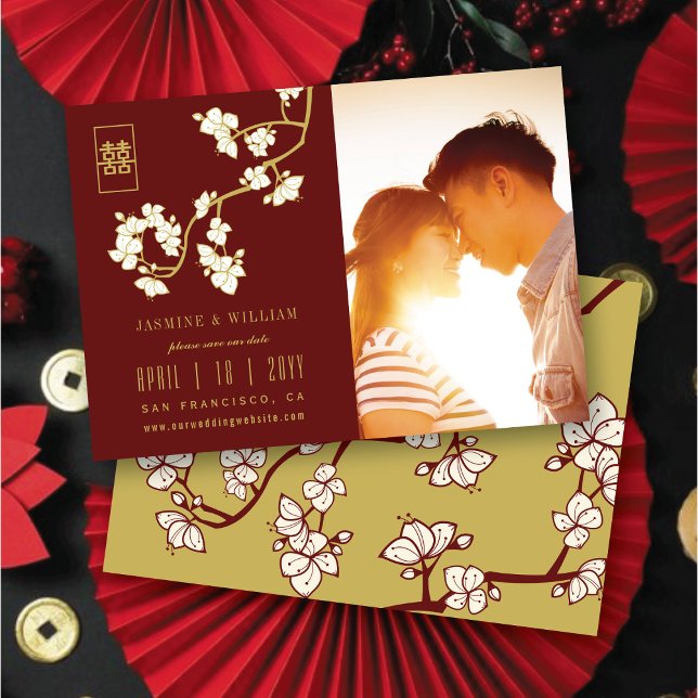 Peach Blossoms Double Happiness Red Chinese Photo  Save The Date (Burgundy Red/Gold Peach/Plum Blossoms Double Happiness Chic Chinese Wedding Save The Date Postcard)