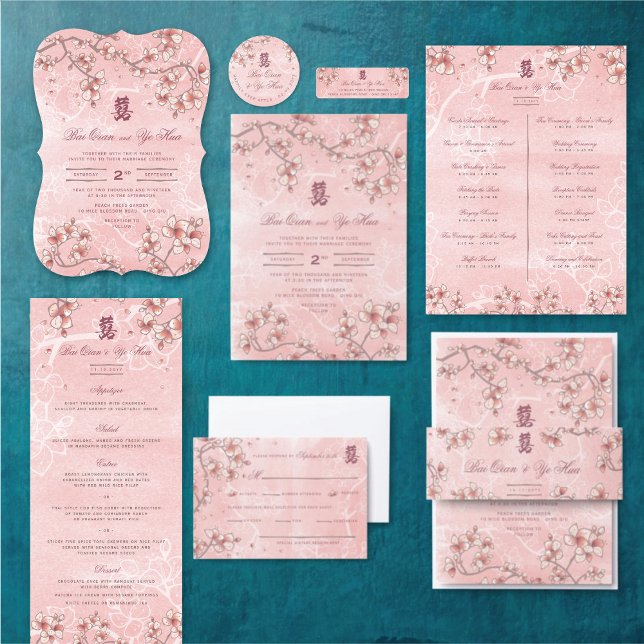 Peach Blossoms Double Xi Chinese Wedding Program (ETERNAL LOVE PINK PEACH/PLUM BLOSSOMS ELEGANT FLORAL CHINESE WEDDING COLLECTION @ fatfatin_red_knot)