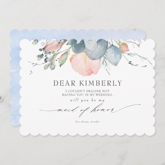 Peach Blossoms Dusty Blue Be My Maid of Honour Invitation (Front/Back)