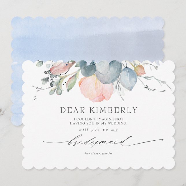 Peach Blossoms Dusty Blue My Bridesmaid Proposal Invitation (Front/Back)