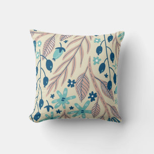 Peach Blue Aqua Beige Floral Illustration Cushion
