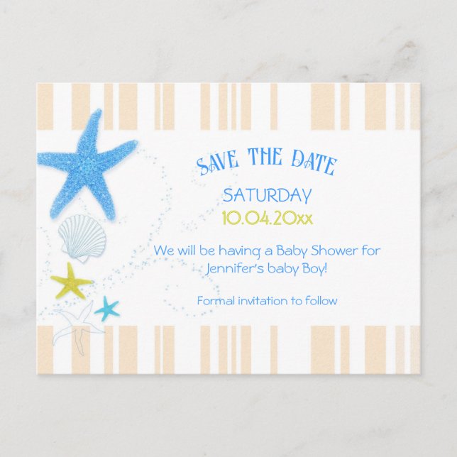 Peach & Blue Beach Baby Boy Shower Save the Date Announcement Postcard (Front)