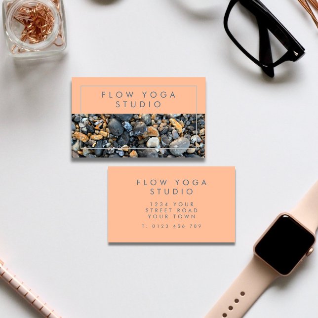 Peach Blue Beach Rocks Business Card (Peach Blue Beach Rocks Business Card in neutral tones for yoga, natural remedies, pilates, health)