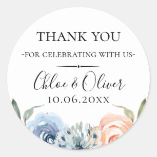 Peach Blue Botanical Floral Wedding Favour Classic Round Sticker