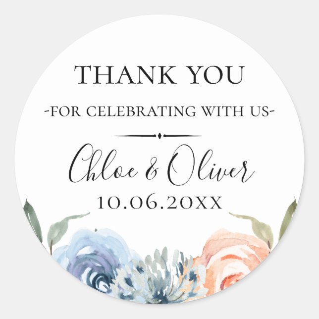 Peach Blue Botanical Floral Wedding Favour Classic Round Sticker (Front)