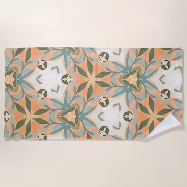 Peach Blue Botanical Seamless Pattern Beach Towel (Front)