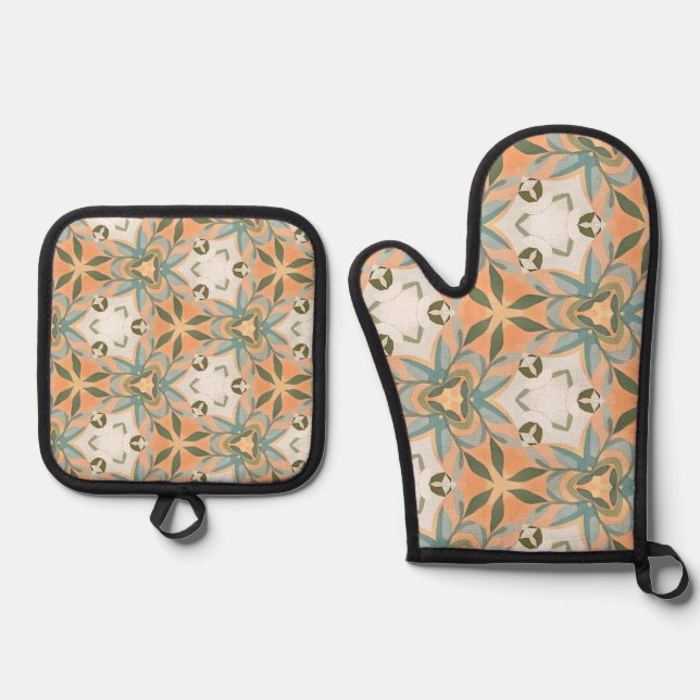 Peach Blue Botanical Seamless Pattern Oven Mitt & Pot Holder Set (Front)