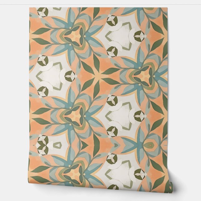 Peach Blue Botanical Seamless Pattern Wallpaper (Unrolling)