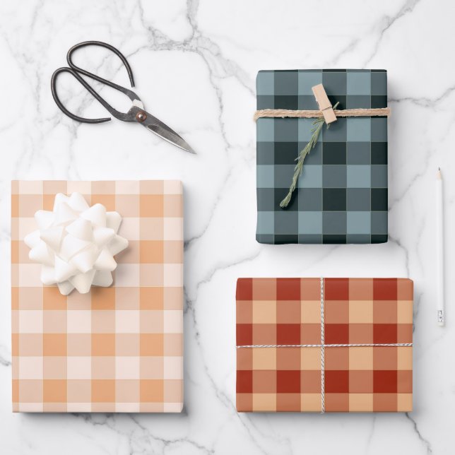 Peach Blue Brown Chequered Gingham Pattern Wrapping Paper Sheet (Front)
