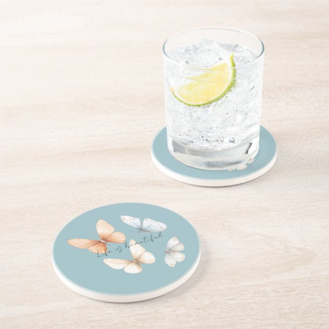 Peach Blue Butterflies  Coaster (Side)