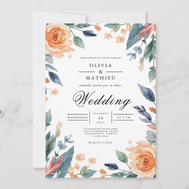 Peach & Blue Floral Arch Wedding Invitation (Front)