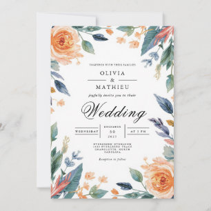 Peach & Blue Floral Arch Wedding Invitation