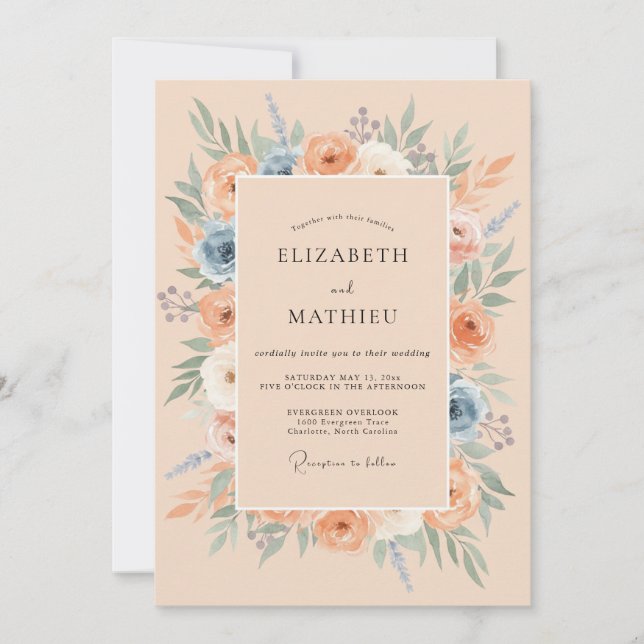 Peach Blue Floral Flourish Wedding Invitation (Front)