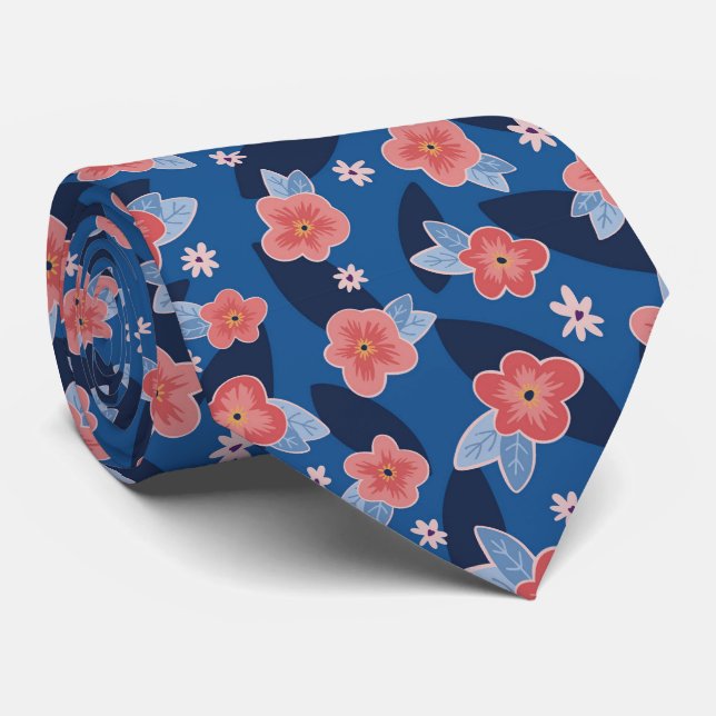 Peach & Blue Floral Pattern Tie (Rolled)