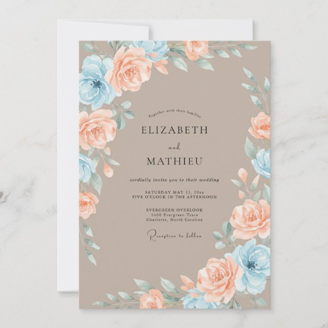 Peach Blue Floral Romance Wedding Invitation (Front)