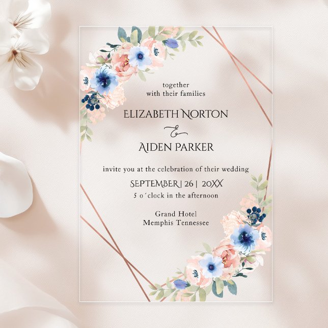 Peach, Blue, Floral Wedding Collection Acrylic Acrylic Invitations (Peach, Blue, Floral Wedding Collection Acrylic Acrylic Invitations)